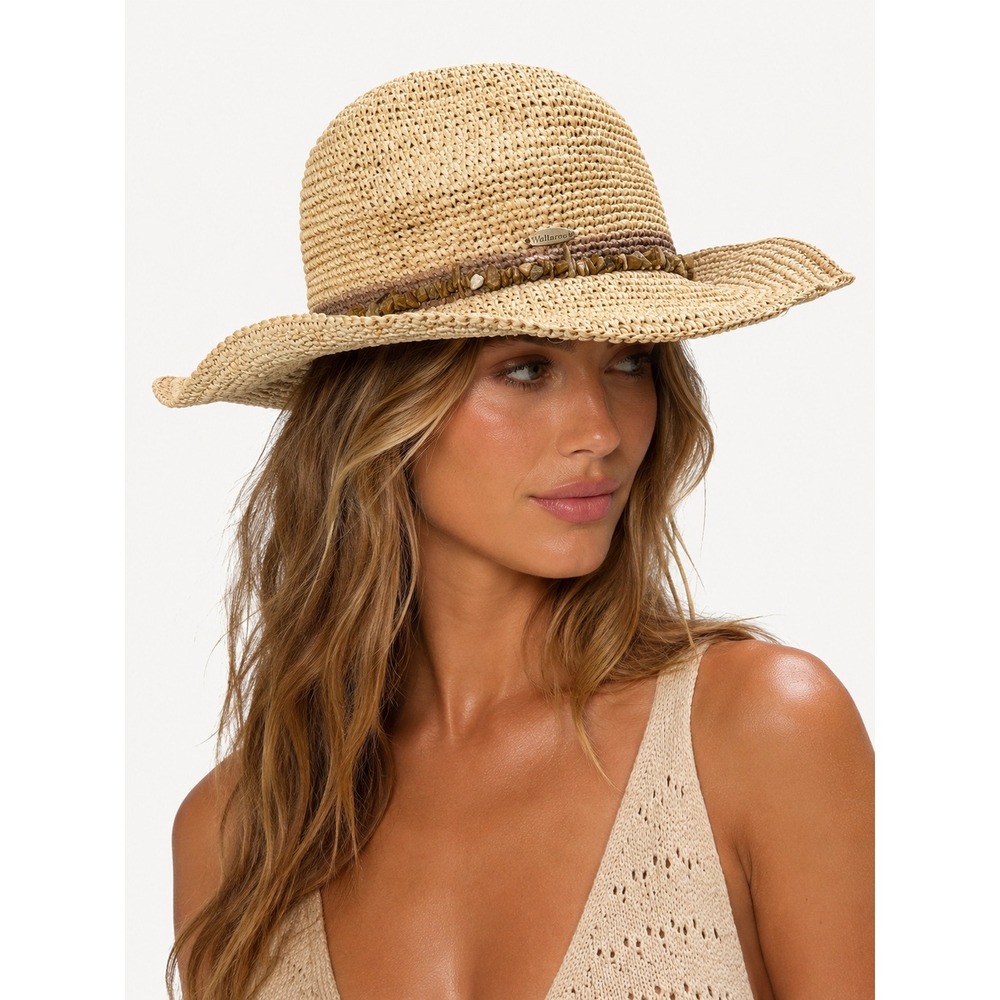 Wallaroo Hat Company Tahiti Cowboy Raffia Sun Hat Stone Beaded Band Natural Tan